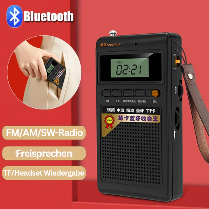 Vielseitiges SoundPocket Mini: Bluetooth, MP3-Player, FM/AM/SW Radio in einem Gerät.