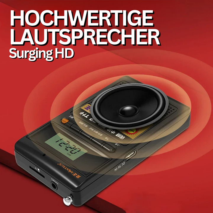 SoundPocket Mini Taschenradio in elegantem Design, perfekt für klare Musikwiedergabe.