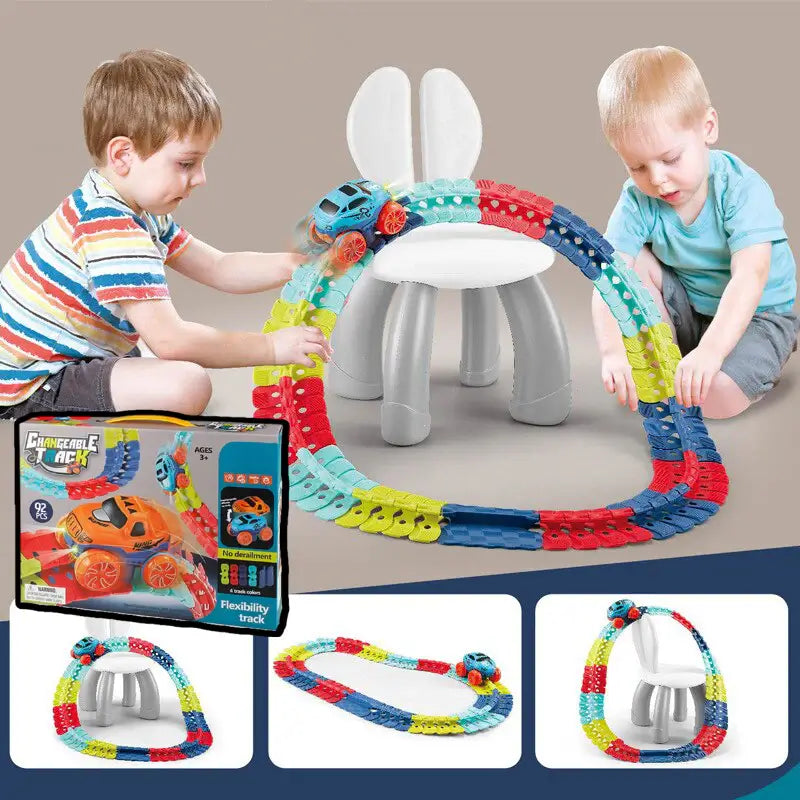 Komplexe Rennbahn-Anordnung der SpeedFlex Kinder-Rennbahn, vielseitiges Spielzeug für kreativen Bau.