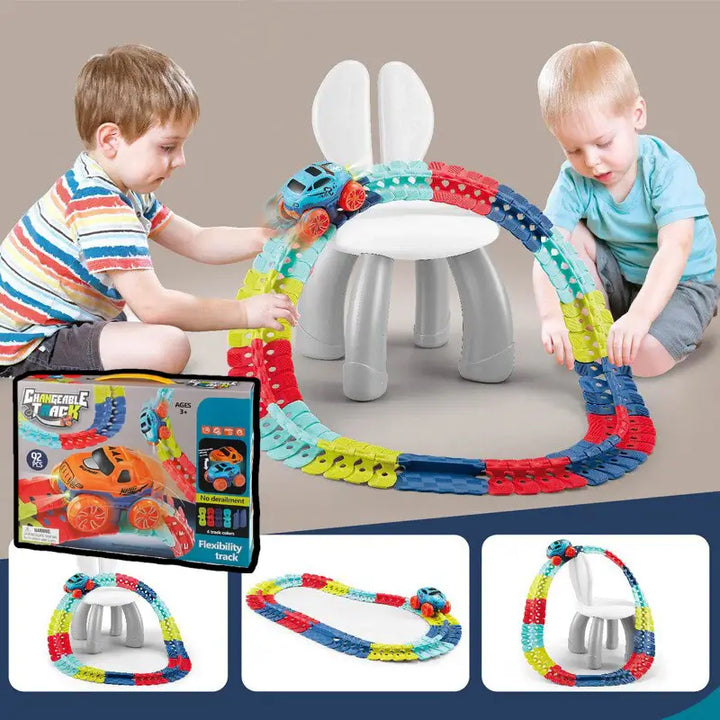 Komplexe Rennbahn-Anordnung der SpeedFlex Kinder-Rennbahn, vielseitiges Spielzeug für kreativen Bau.