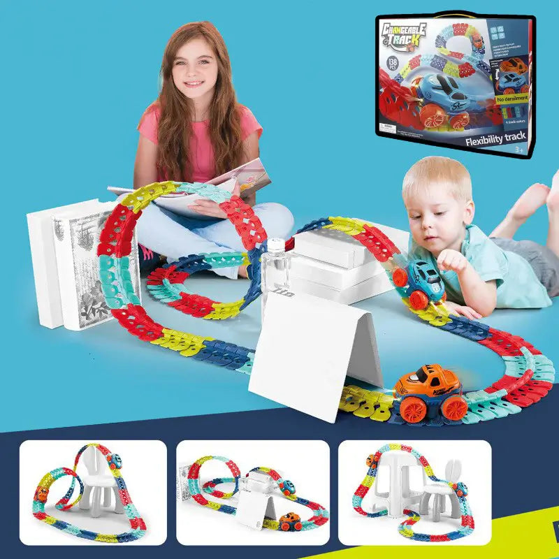 Kleine Rennautos auf der flexiblen SpeedFlex Rennbahn in Aktion, dynamisches Kinderspielzeug für Autofans.