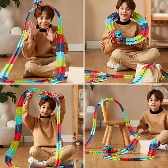 Verpackung der SpeedFlex flexiblen Rennbahn, perfektes Geschenk für Kinder, fördert Motorik & Kreativität.