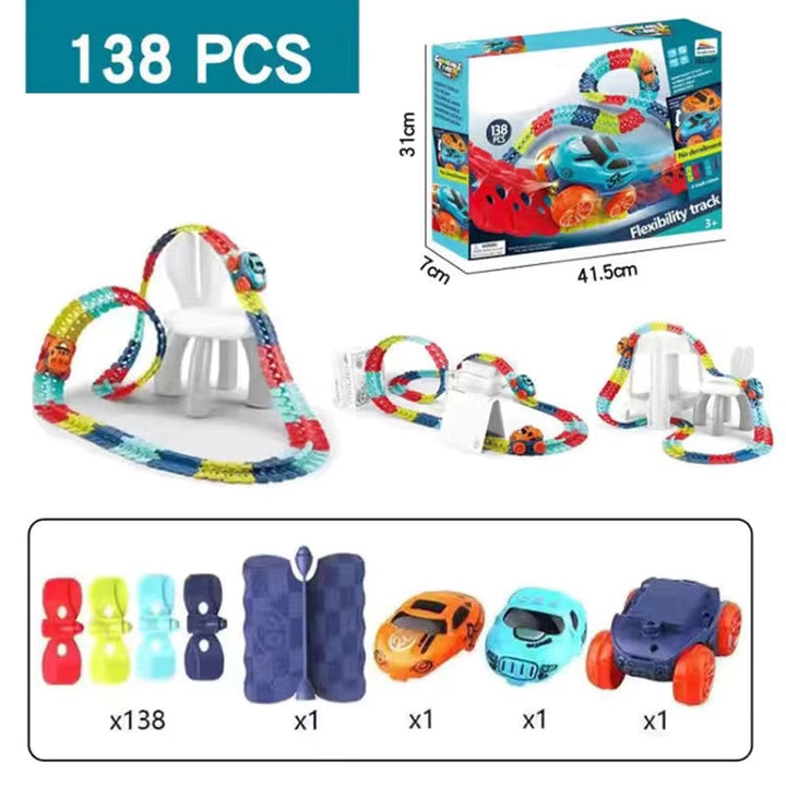 Coole Schleife der flexiblen SpeedFlex Rennbahn mit Spielzeugauto, spannendes Autospielset für Kinder.
