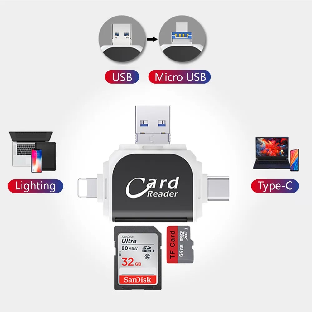 Mobiler 4-in-1 SD und Micro SD Kartenleser, ideal für Smartphones und Laptops, Plug and Play.