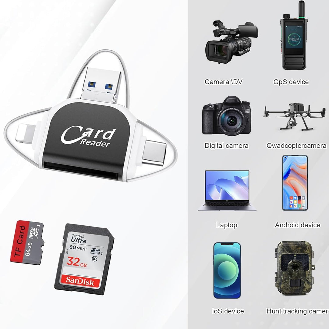 Universal 4-in-1 Kartenleser für SD & Micro SD, mit USB-C und Lightning Anschluss, für mobile Technik.