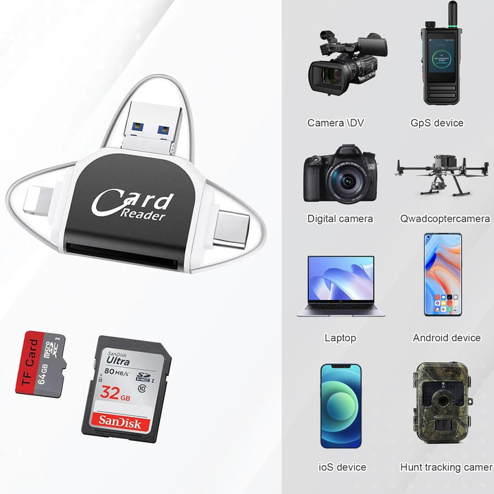 Universal 4-in-1 Kartenleser für SD & Micro SD, mit USB-C und Lightning Anschluss, für mobile Technik.