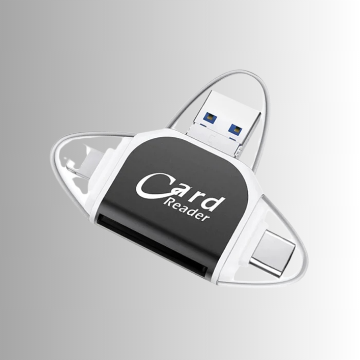 Kompakter 4-in-1 Kartenleser als USB-C & Lightning Adapter für Speichererweiterung und Datenaustausch.