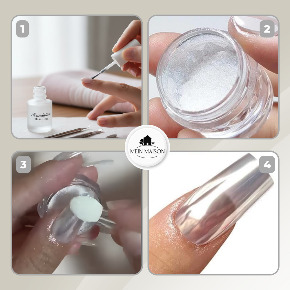 Einfach anzuwendendes Spiegeleffekt Nagelpuder für atemberaubende Chromglanz DIY Nägel & Nagelkunst.