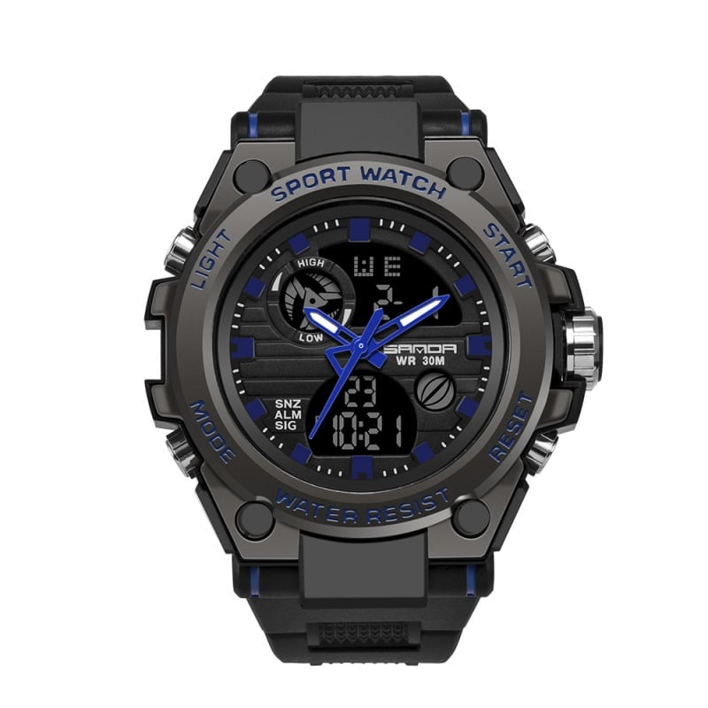 Schwarze Herrenuhr mit Dual-Display, leuchtend, wasserdicht. Modernes Design für Outdoor-Aktivitäten.