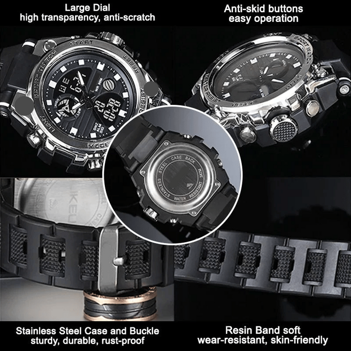 Wasserdichte Herrenuhr mit Dual-Display (analog/digital), leuchtend für optimale Ablesbarkeit im Dunkeln.