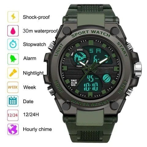 Moderne Herren-Sportuhr, wasserdicht, mit Dual-Display und leuchtenden Elementen. Stylisches Herrenaccessoire.