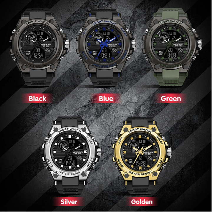 Sportliche Herren-Armbanduhr, leuchtend, Dual-Display. Quarz- und Digitalwerk, ideal für jedes Abenteuer.