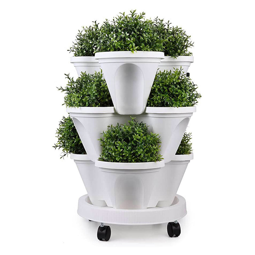 Stapelbare Pflanztöpfe für vertikalen Garten; ideal für Kräuter, Erdbeeren, Blumen auf Balkon & Terrasse.
