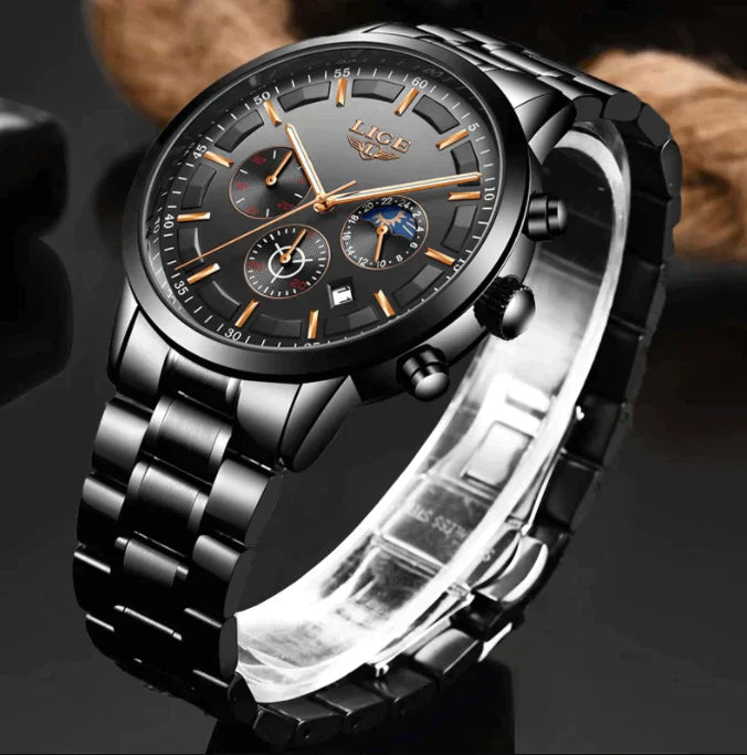 SteeleX Herren Militäruhr am Handgelenk, robust & elegant, schwarzes Design, wasserdichtes Edelstahl-Accessoire.