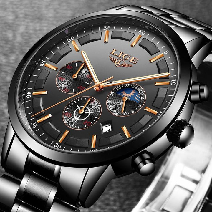 Hochwertige SteeleX Herrenuhr, robuste Militäruhr aus Edelstahl, schwarzes Gehäuse, langlebig und stilvoll.