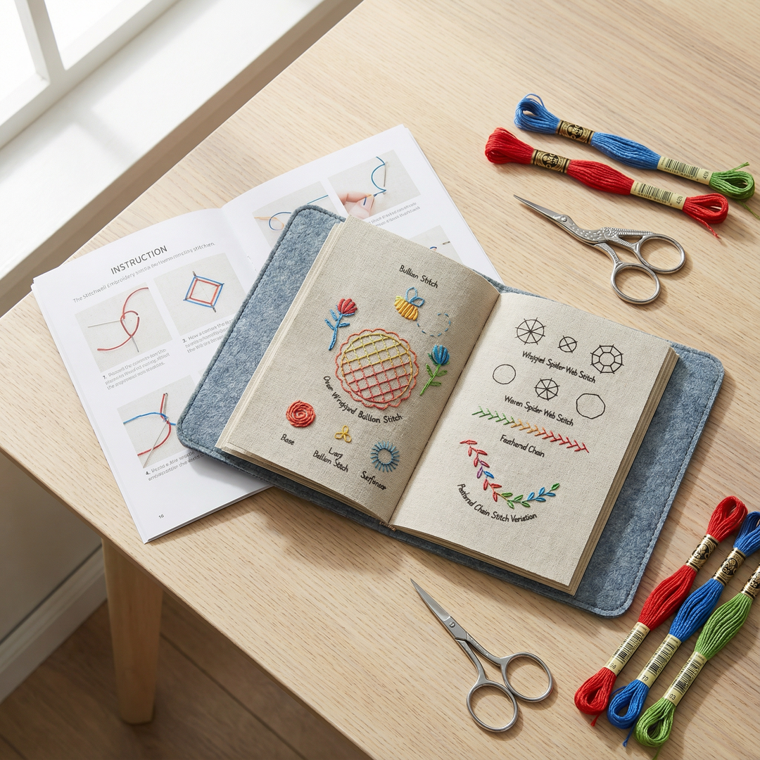 DIY Stickerei Handarbeitsset: Das Buch "StitchLibrary" macht Stiche lernen einfach und kreativ.