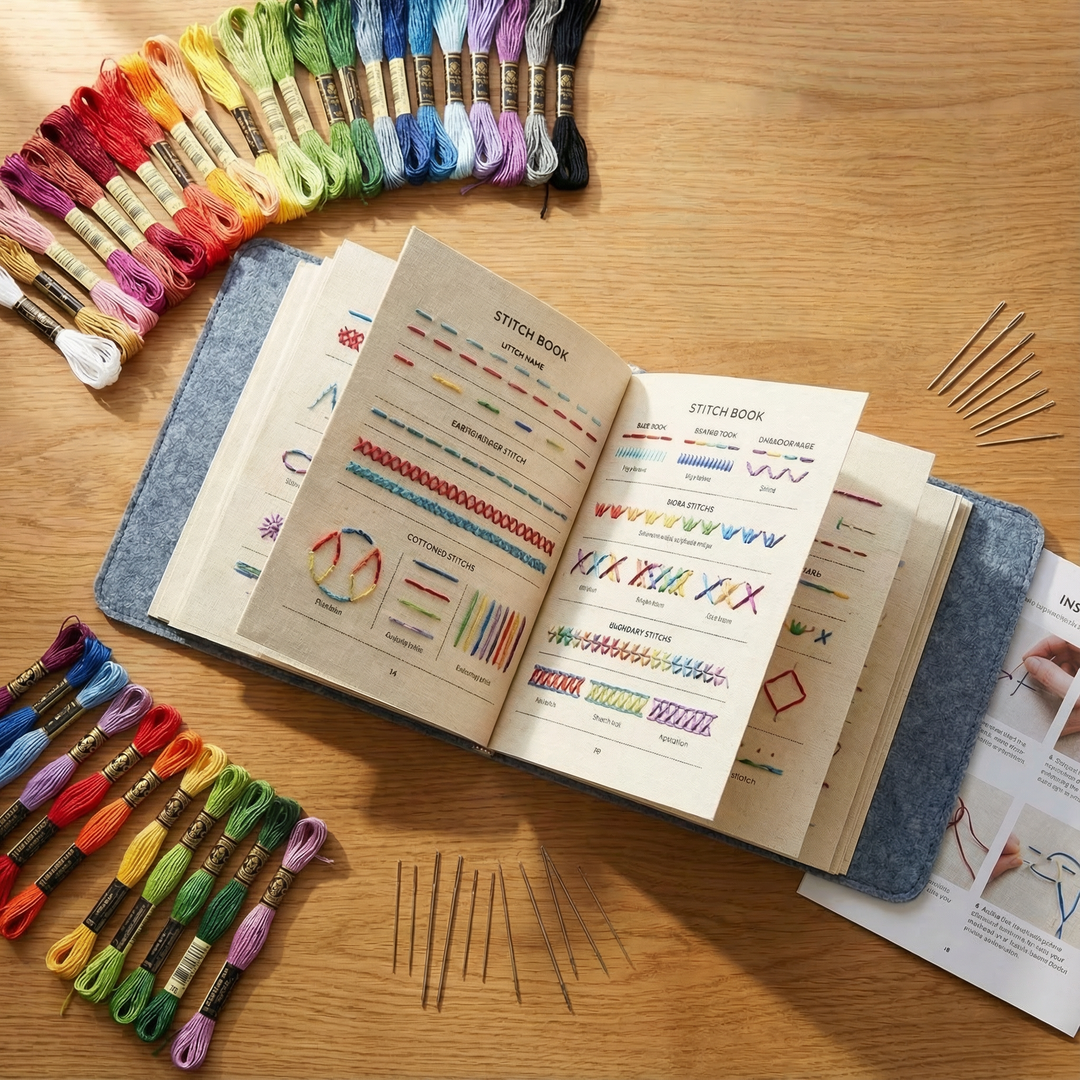 Stickset für Anfänger mit Zubehör, ideal zum Stickenlernen und für kreative DIY-Handarbeit.