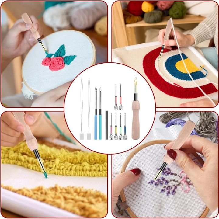 Detailaufnahme des Sticksets: Stanznadel, Fäden & Stickrahmen für präzise Stickerei, Handarbeit.