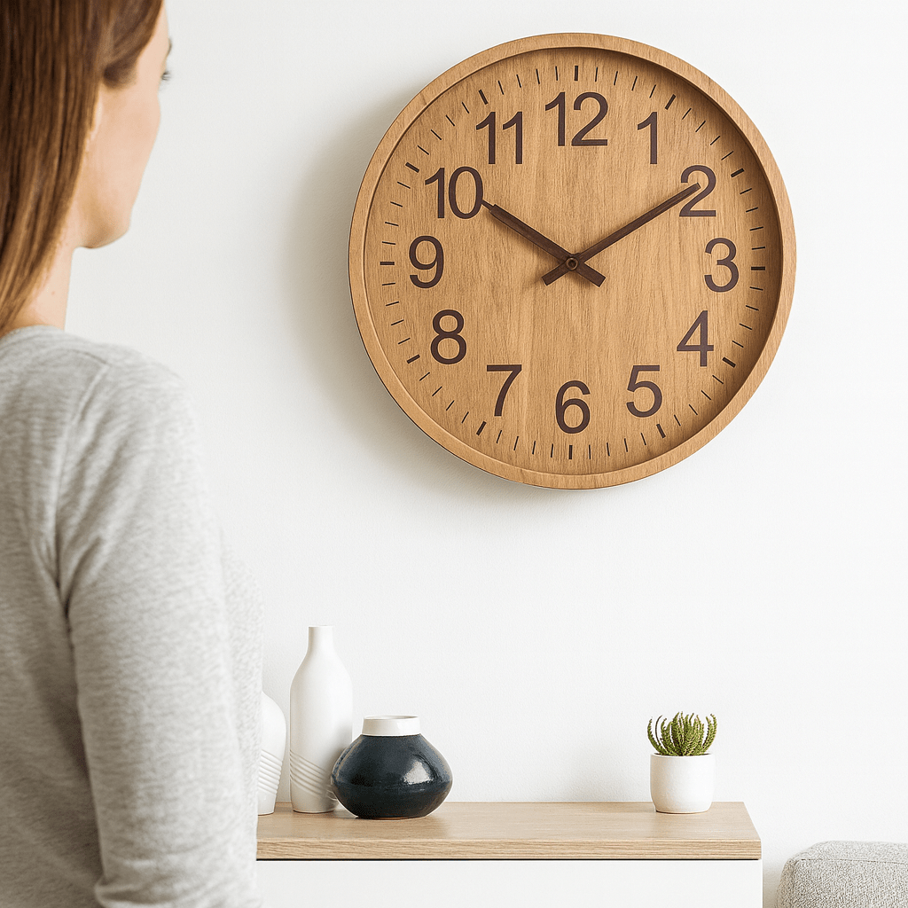 Stille Wanduhr aus Holz, nordisch-minimalistisches Design für moderne Wohnungen. Batteriebetrieben, schafft Ruhe.