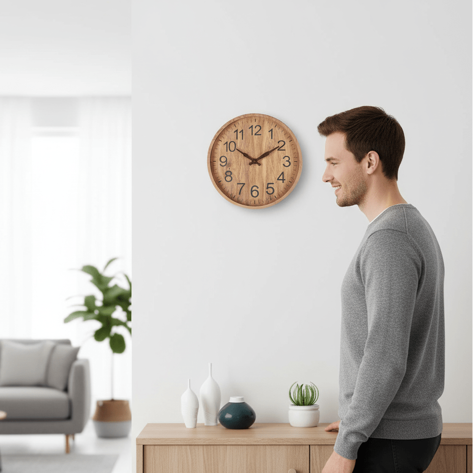 Minimalistische Holzwanduhr mit leisem Uhrwerk. Modernes, natürliches Design für stilvolle Wohnungseinrichtung.