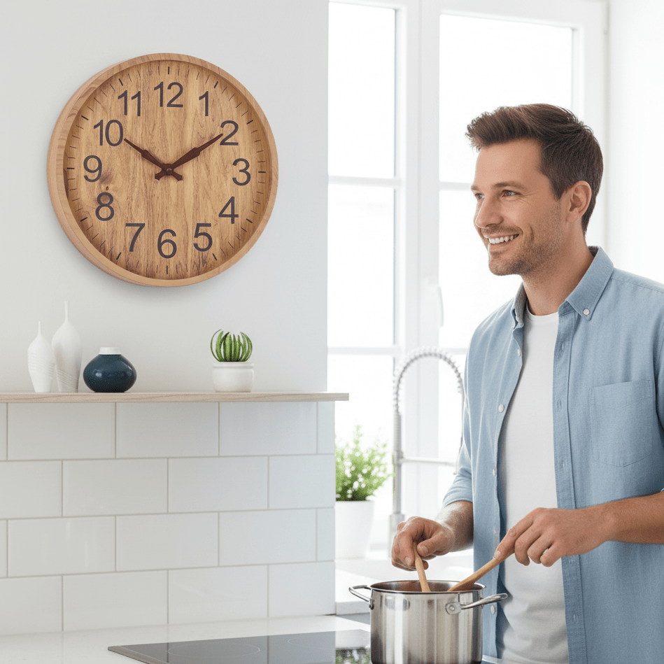 Hochwertige, stille Holzuhr. Zeitloser, minimalistischer Zeitschalter für ein ruhiges Ambiente im Wohnzimmer.