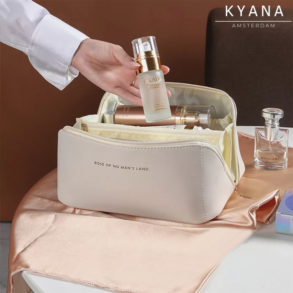 Stilvolle Damen Kosmetiktasche aus PU-Leder mit Organizer für Reise und Alltag. Perfekt für Beauty-Produkte.