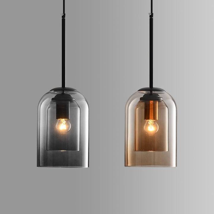 Stilvolle Doppelglas-Pendelleuchte, rauchgrau & rostfarben, modern für Wohnzimmer.