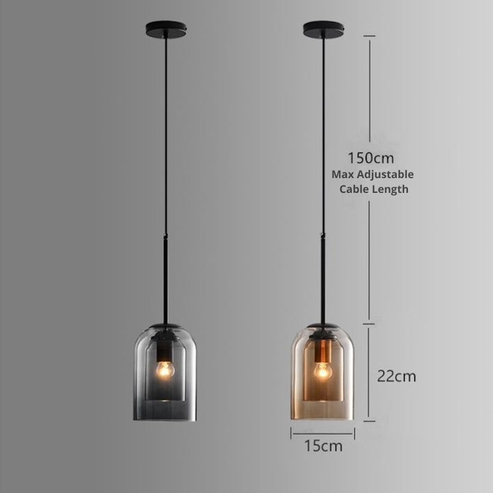 Rauchgraue Doppelglas-Pendelleuchte, rostfarbenes Finish, perfekte Lampe für Esszimmer.
