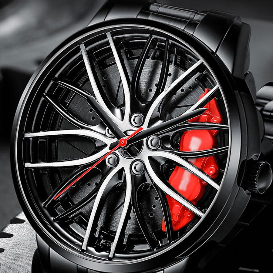 Detailansicht des Zifferblatts einer Herren-Automobiluhr mit Chronographenfunktion. Präziser Zeitmesser.
