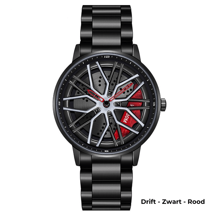 Hochwertige Herrenuhr: Edelstahl-Armbanduhr für Autoliebhaber, symbolisiert Drift und Drehmoment.