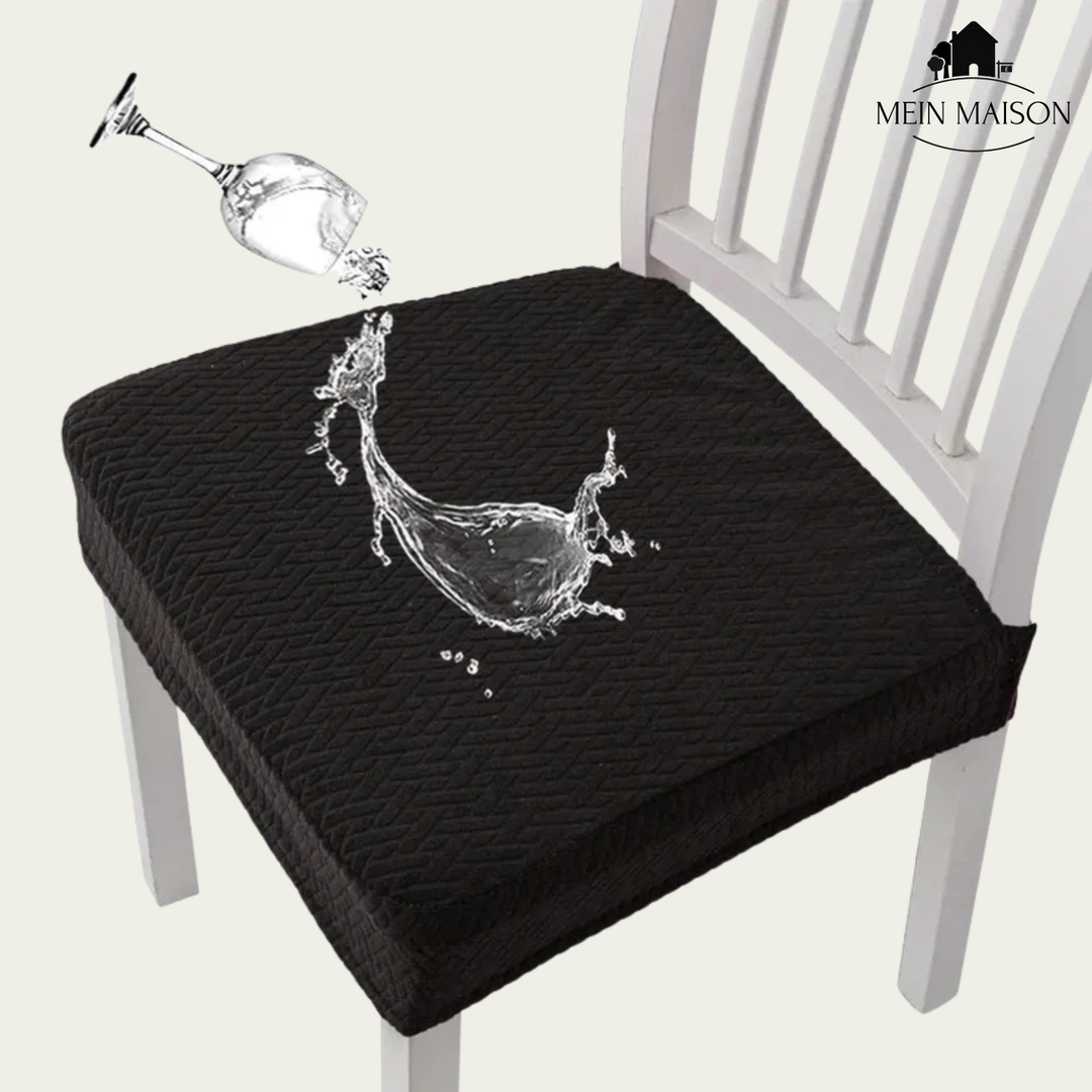 Nahaufnahme einer Jacquard Stuhlhusse, elastischer Polyester-Stoff, schützt und dekoriert Esszimmerstühle stilvoll.