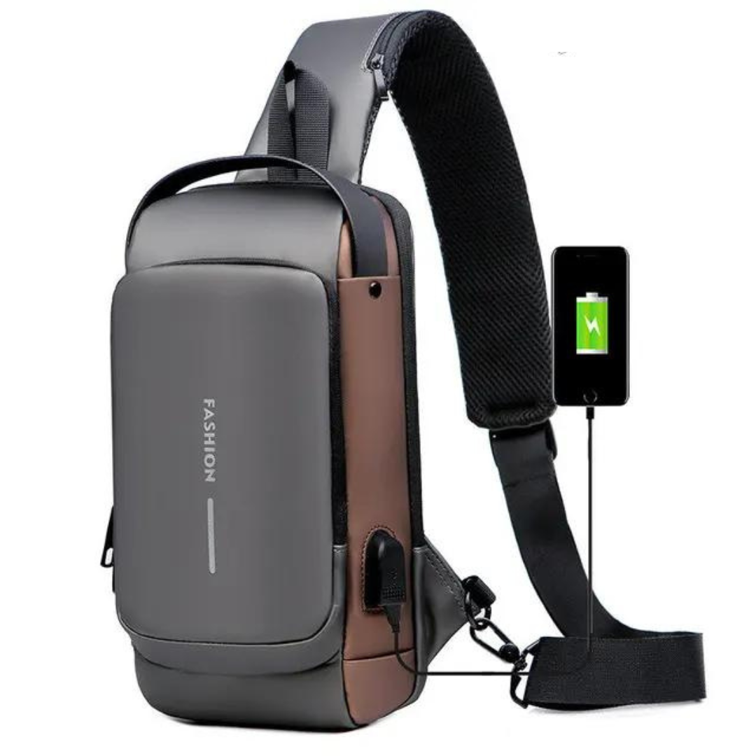 Seitenansicht des Anti-Diebstahl Rucksacks mit integriertem USB-Ladeanschluss; perfekt für Pendler.