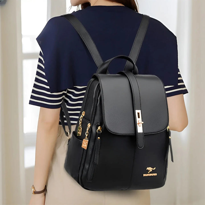 Stilvoller Damenrucksack aus Premium-PU-Leder in Schwarz. Eleganter Alltagsrucksack mit Organisation und Sicherheit.