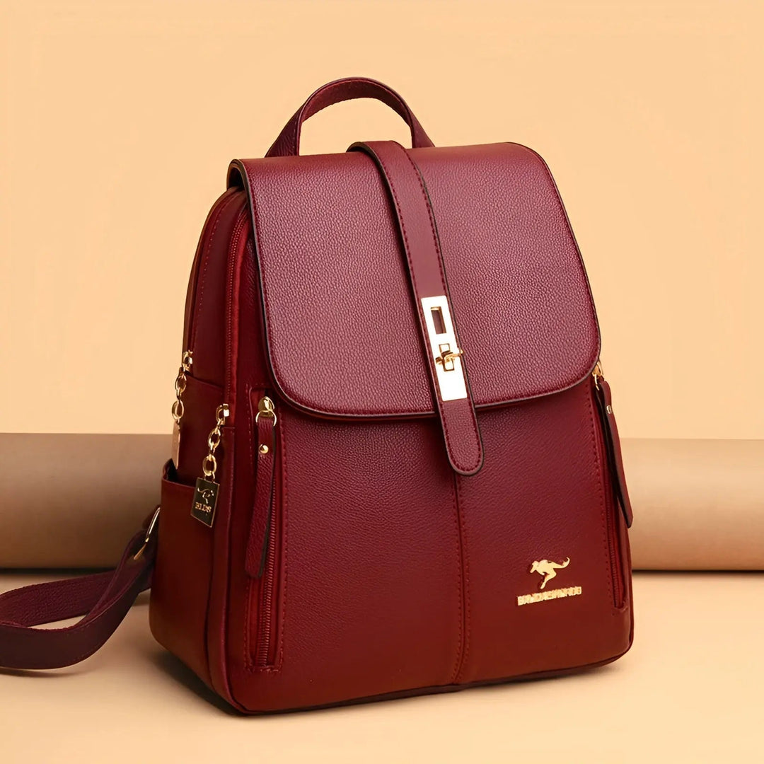 Detailaufnahme: Hochwertiges PU-Leder und robuste Reißverschlüsse des schwarzen Damen-Lederrucksacks, elegant.