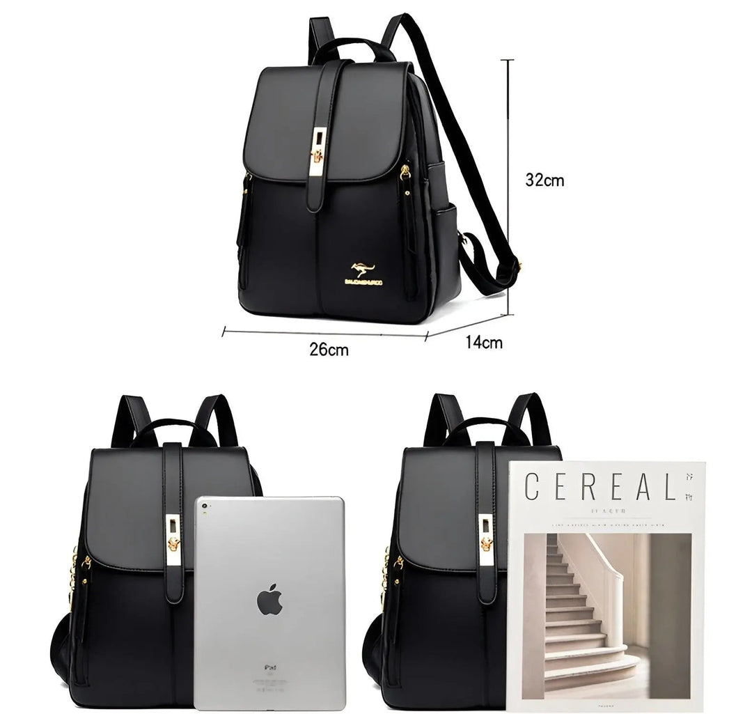 Eleganter dunkelblauer Damenrucksack aus Premium-Leder. Perfekt für Organisation, als Modeaccessoire und wasserdicht.
