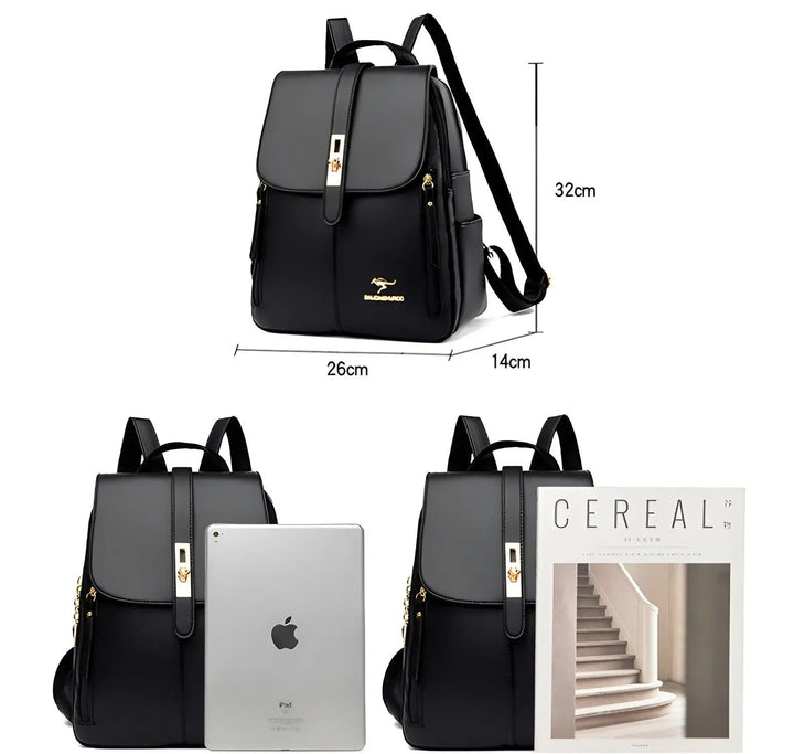 Eleganter dunkelblauer Damenrucksack aus Premium-Leder. Perfekt für Organisation, als Modeaccessoire und wasserdicht.