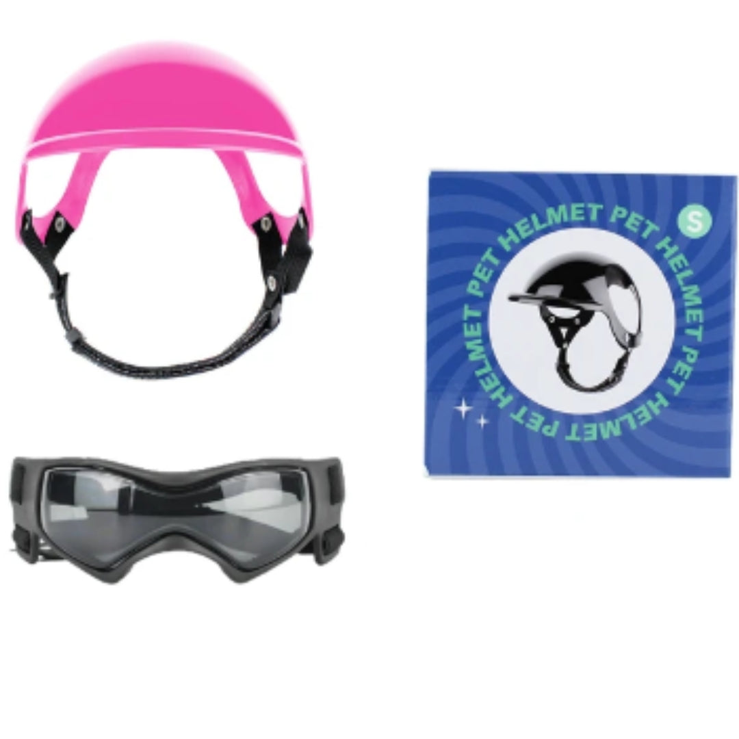 Sicherer Hundehelm und UV-beständige Hundeschutzbrille. Wichtiges Haustier Schutz Zubehör für Motorradreisen.