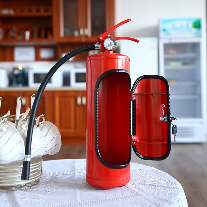 Stilvoller roter Flaschenhalter im Feuerlöscher-Design für Wein, Sekt & Spirituosen. Originelles Bar- & Küchendekor.