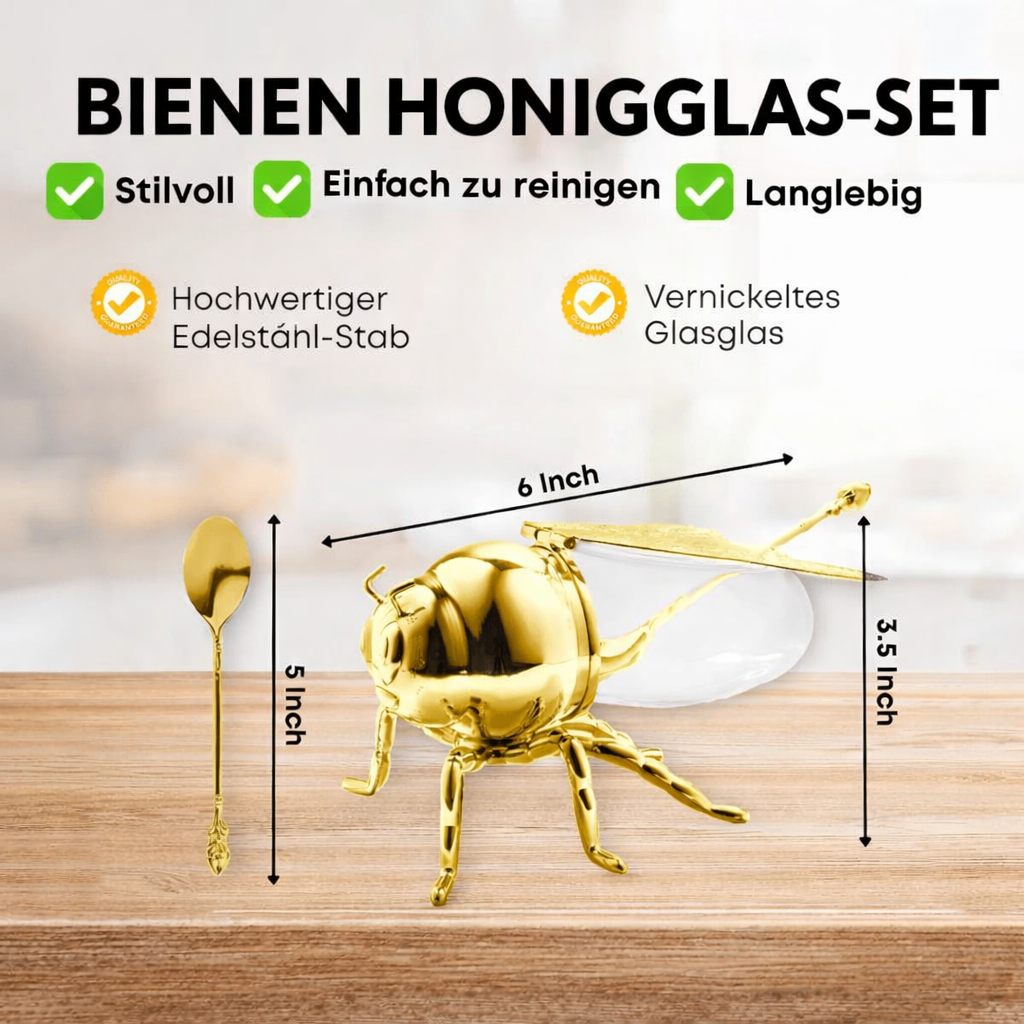 Honigglas-Set mit Glasbehälter und Holzlöffel, perfekt für eine stilvolle Tischdekoration.