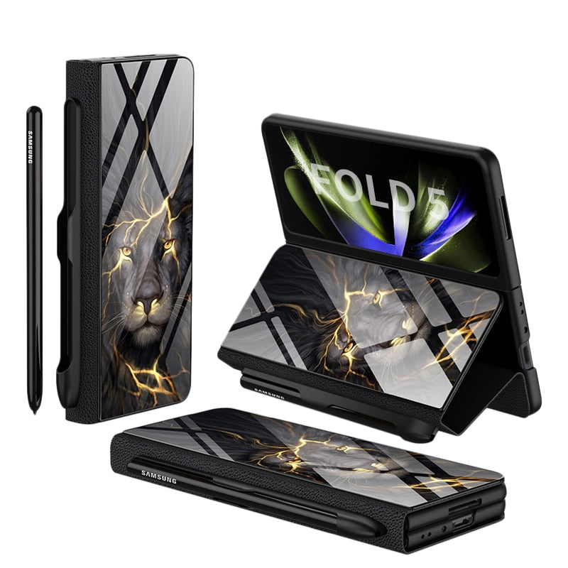 Lederhülle für Samsung Z Fold 5/4 mit integriertem Ständer und Kartensteckplätzen.