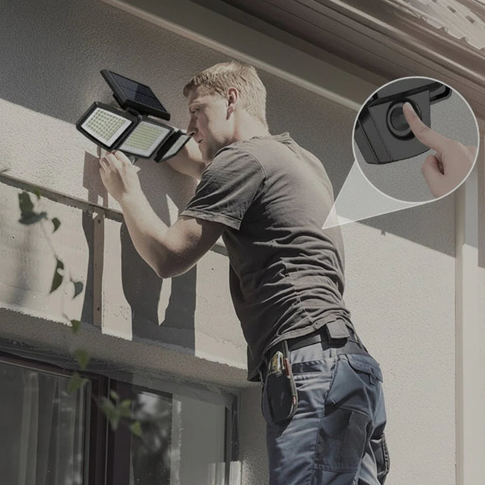 Leistungsstarkes SUNDEFENSE LED Solarlicht für Garten & Haus, Bewegungssensor, energiesparend, mit Fernbedienung.
