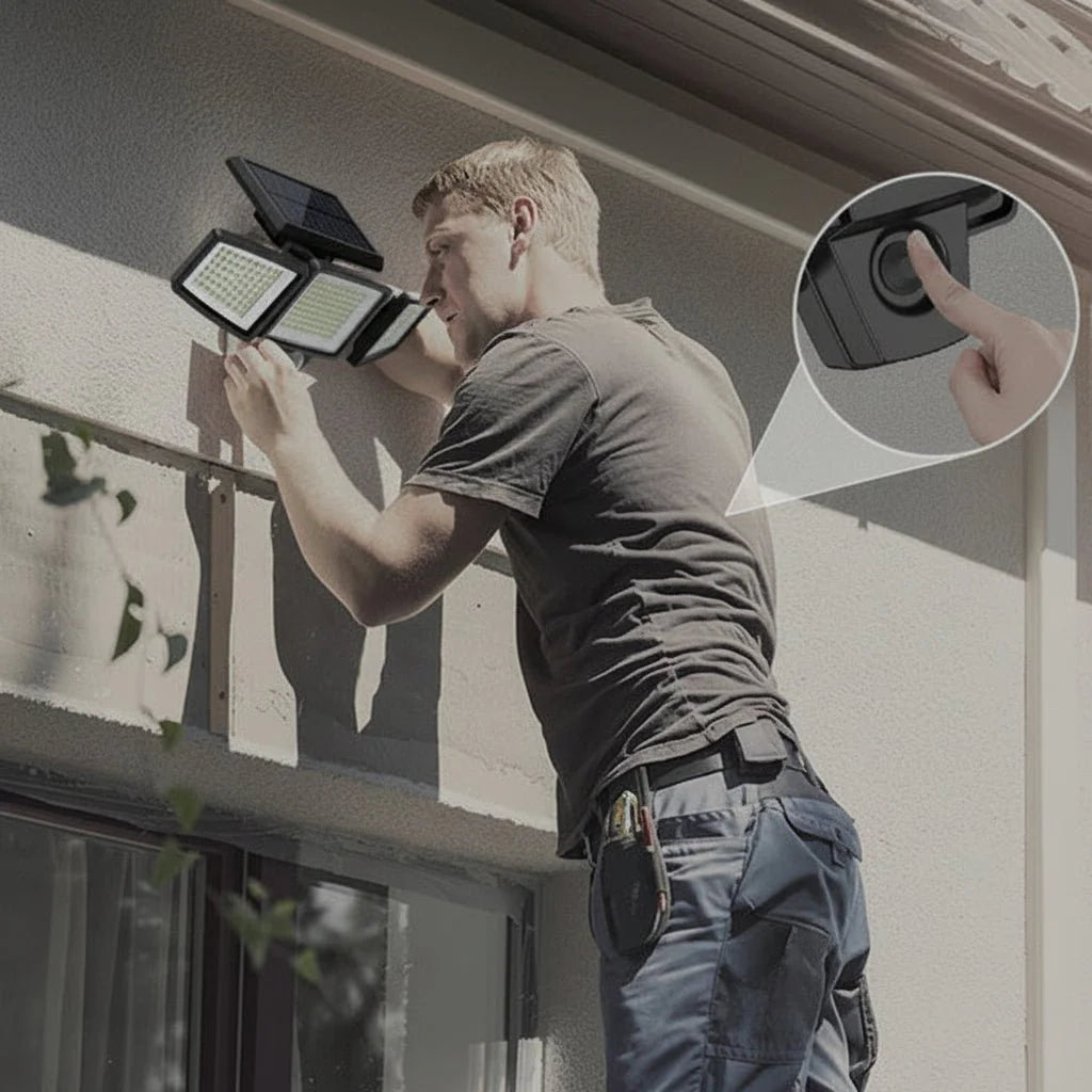 Leistungsstarkes SUNDEFENSE LED Solarlicht für Garten & Haus, Bewegungssensor, energiesparend, mit Fernbedienung.
