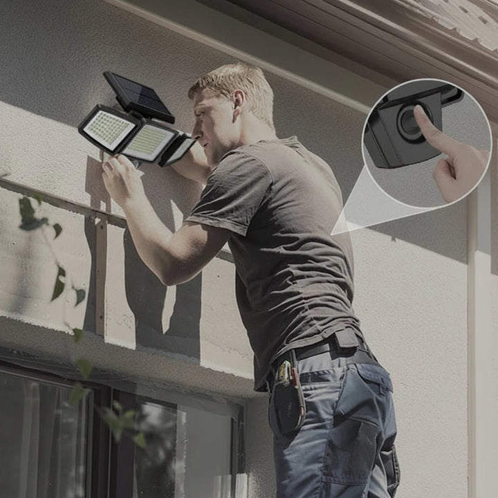 Leistungsstarkes SUNDEFENSE LED Solarlicht für Garten & Haus, Bewegungssensor, energiesparend, mit Fernbedienung.