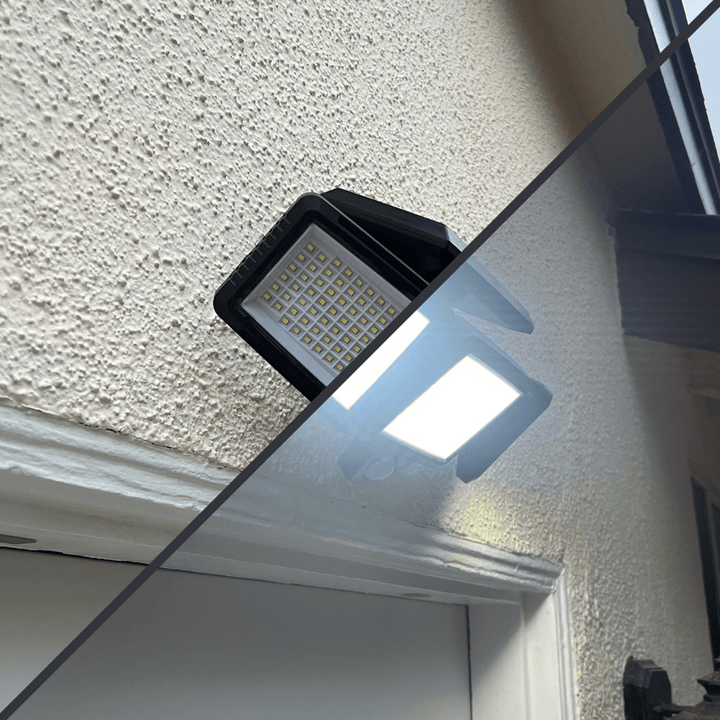 Wasserdichtes SUNDEFENSE Solar-Sicherheitslicht mit Bewegungssensor schützt Ihr Zuhause, per Fernbedienung steuerbar.