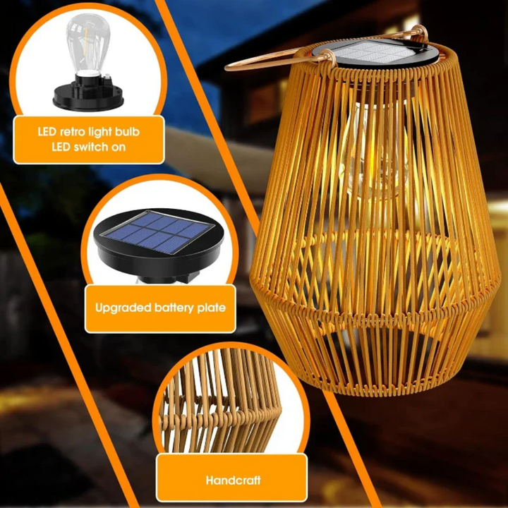 Detailansicht der handgefertigten Rattan-Webart der SunWeave Solar-Gartenlaterne mit integrierter LED.