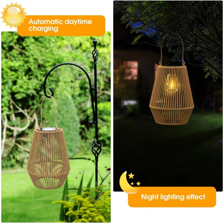 Leuchtende SunWeave Solar-Gartenlaterne bei Nacht; warmweiße LED-Außenbeleuchtung schafft gemütliches Ambiente.