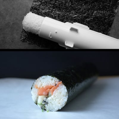 SushiParty Pro in Aktion, füllen von Reis und Zutaten für perfekte Sushi Rollen.