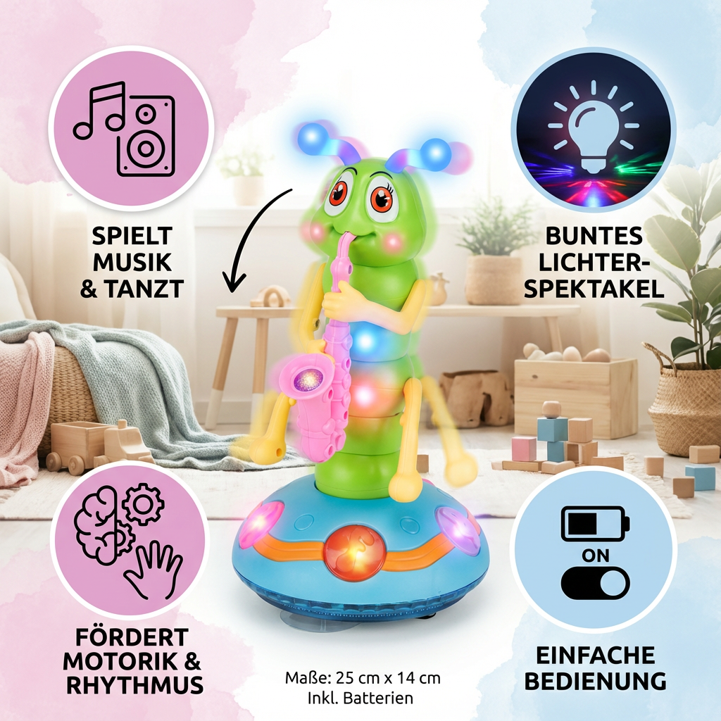 Entwicklungsförderndes tanzendes Saxophon Raupe Kinderspielzeug, interaktiv mit Musik und Lichtern.