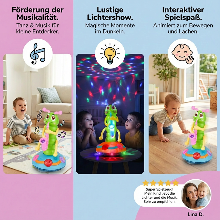 Lebendiges LED Saxophon Raupe Tanzspielzeug, elektrisch, bietet Musik & Lichtshow für Kinder.
