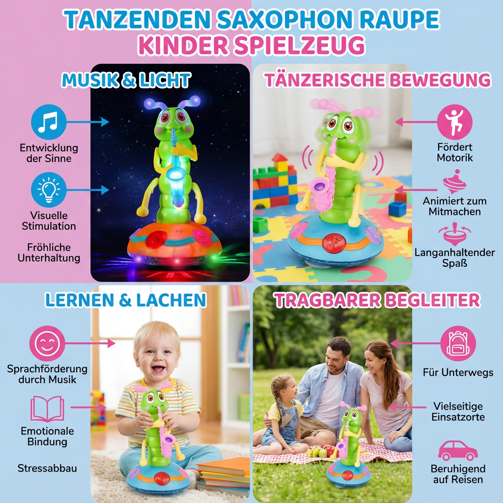 Elektrische Tanz-Raupe in Form eines Saxophons, faszinierendes Kinderspielzeug mit Bewegung & Sound.
